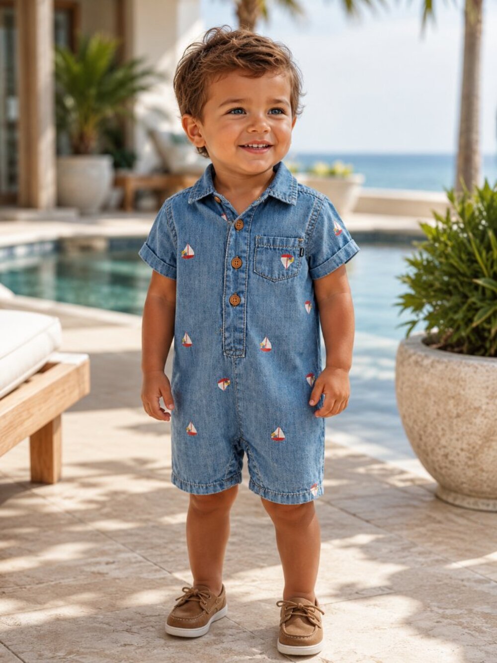 NWT OshKosh B’gosh Baby Boy Romper Sailboat Chambray Short Sleeve Summer Outfit
